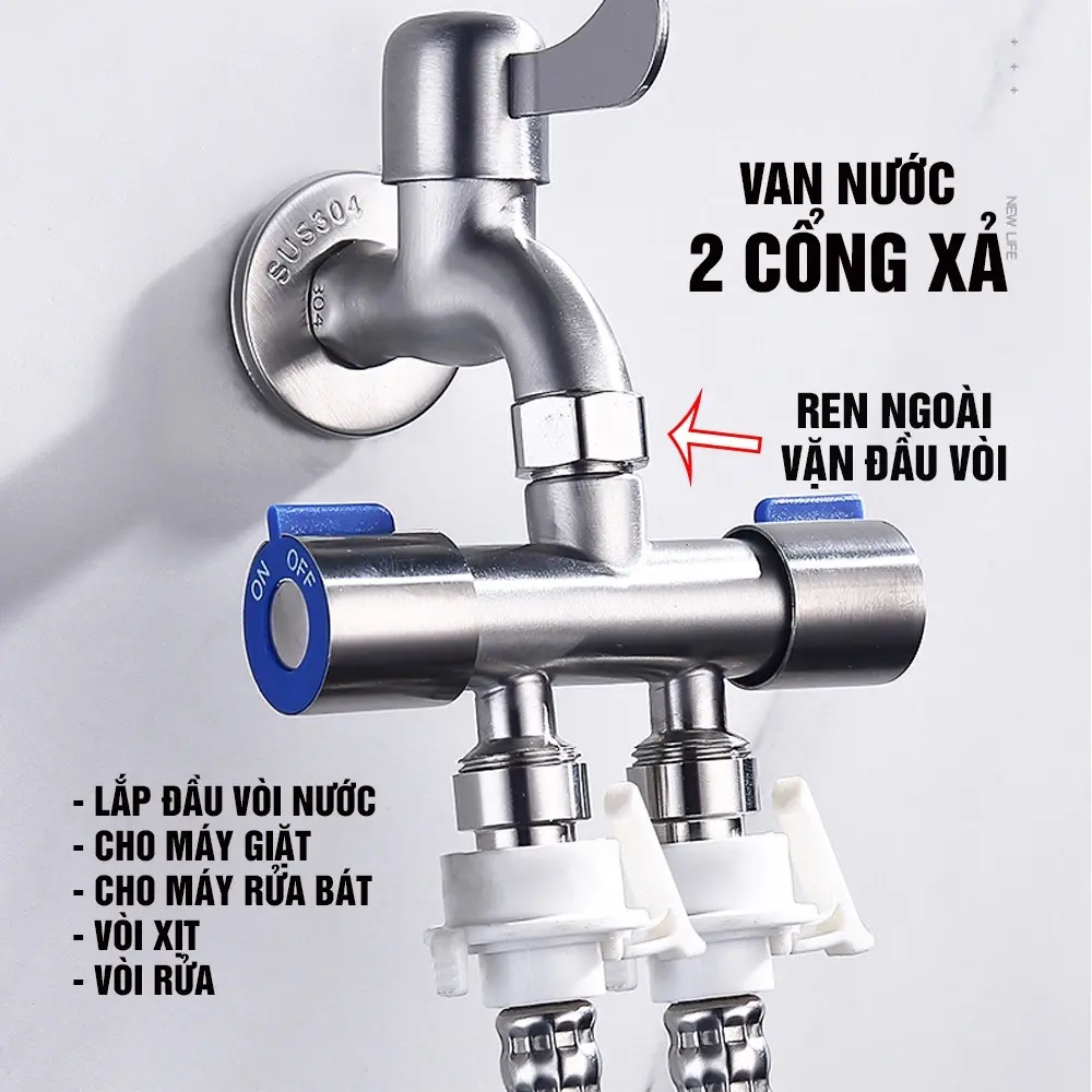 Van nước chia 2 cổng xả Minh House Chất liệu Inox 304, ren trong 20mm
