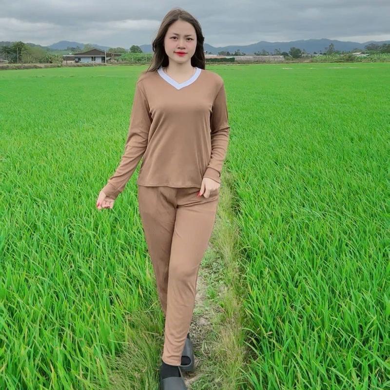 Đồ Bộ Cổ Tim Dài Phối Cổ Mặc Nhà Chất Thun Tăm Lạnh Trẻ Trung Dành Cho Nữ Áo 7
