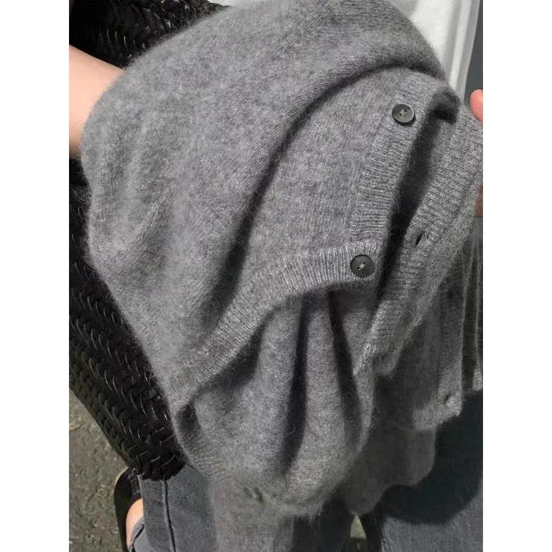 Áo Cardigan Len, Màu Xám, Dành Cho Nữ, Cổ Tròn, Áo Khoác Len Dệt Kim, Thích Hợp Cho Mùa Thu Và Mùa Đông, Phong Cách Hàn Quốc, Dễ Phối Đồ, Áo Cardigan Cơ Sở Bó Sát Ngắn