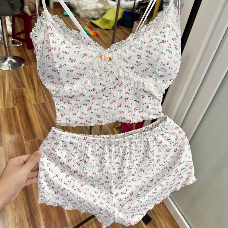 DEAL MỞ BÁN[B11] bộ đồ ngủ 2 dây hoa nhí mùa hè, váy ôm body có đệm, bộ ngủ mặc nhà croptop dễ thương dành cho nữ 3