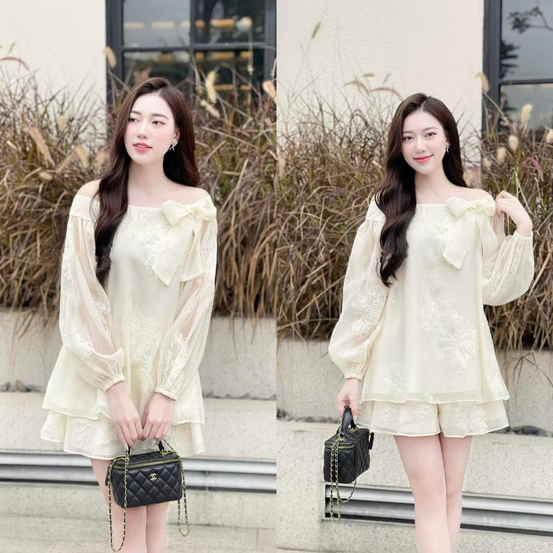 Set đồ nữ 2 món : áo trễ vai tơ san hô đính kèm quần short ngắn màu nude chất voan tơ thêu hoạ tiết sang trọng  phù hợp đi chơi , dạo phố , cafe Kem Đầm nữ Women Dress