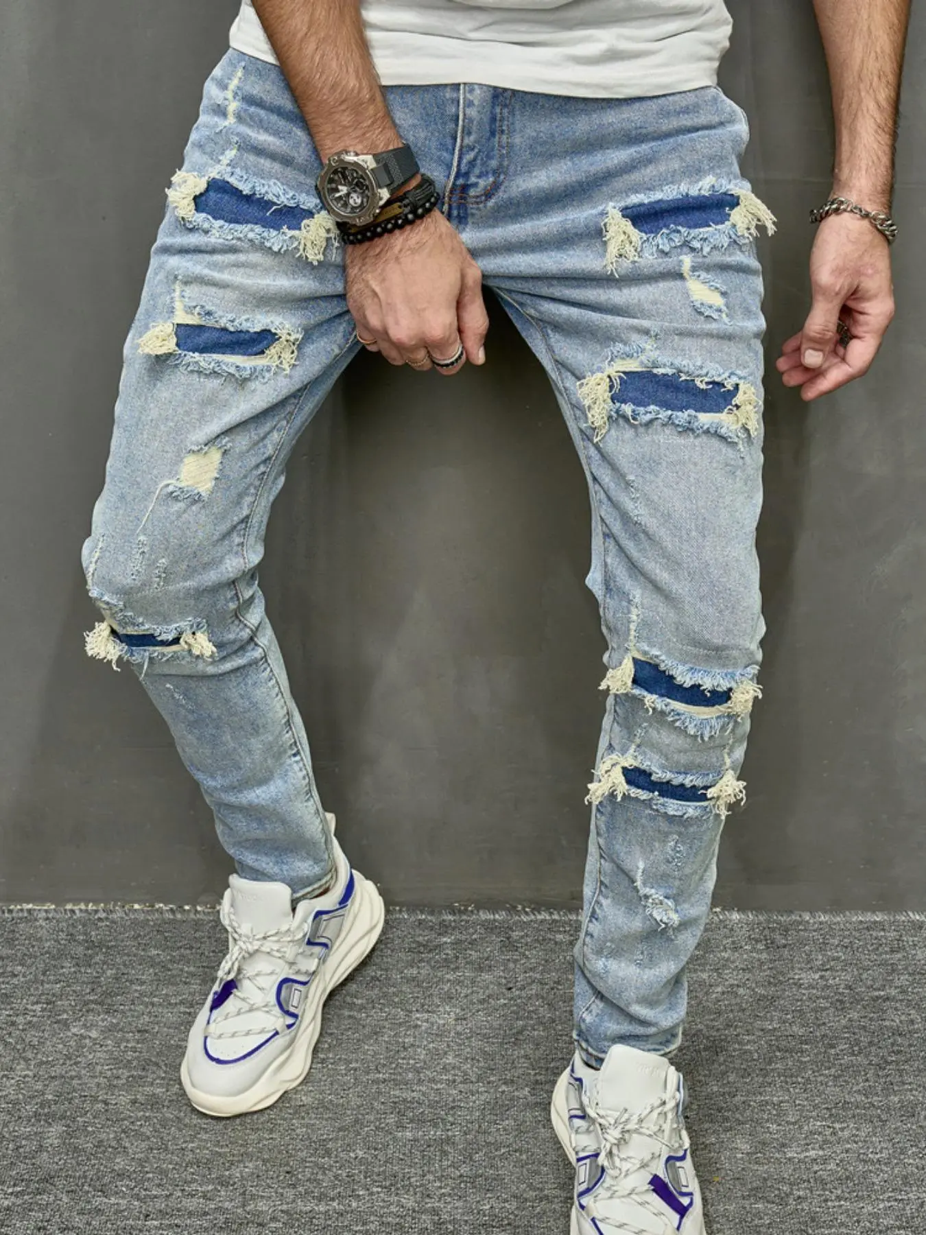 Men's Regular Fit Ripped Straight Leg Jeans, Street Fashion Style Casual Denim Pants for Daily Wear, Men's Trousers for Spring & Fall, Cotton