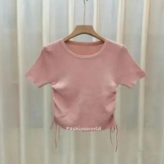 Atasan Crop Oneck Rajut / Korean Kaos Serut Oneck / T-Shirt Atasan Wanita Lengan Pendek Samping Kerut Tali Serut Terbaru 2