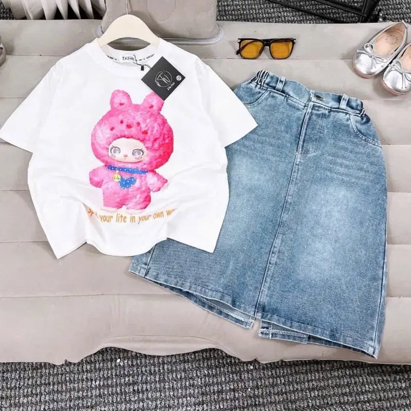 (22-50kg) Sét váy jean áo cotton hoạ tiết siêu xinh cho bé