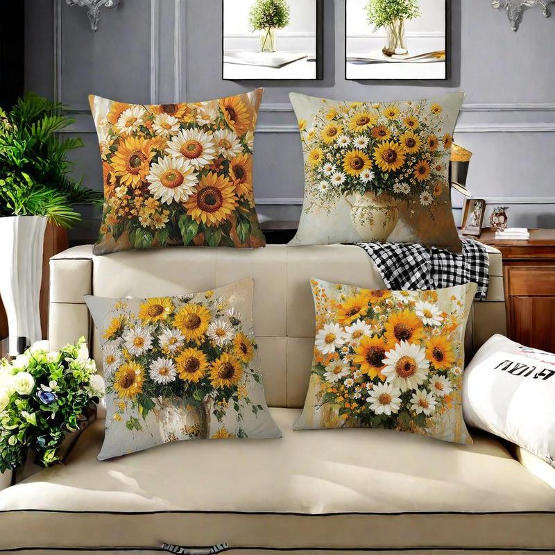 Sunflower Pattern Cushion Cover, 4 Counts/set Square Throw Pillow Cover, Household Decoration Supplies for Home Living Room Bedroom 3