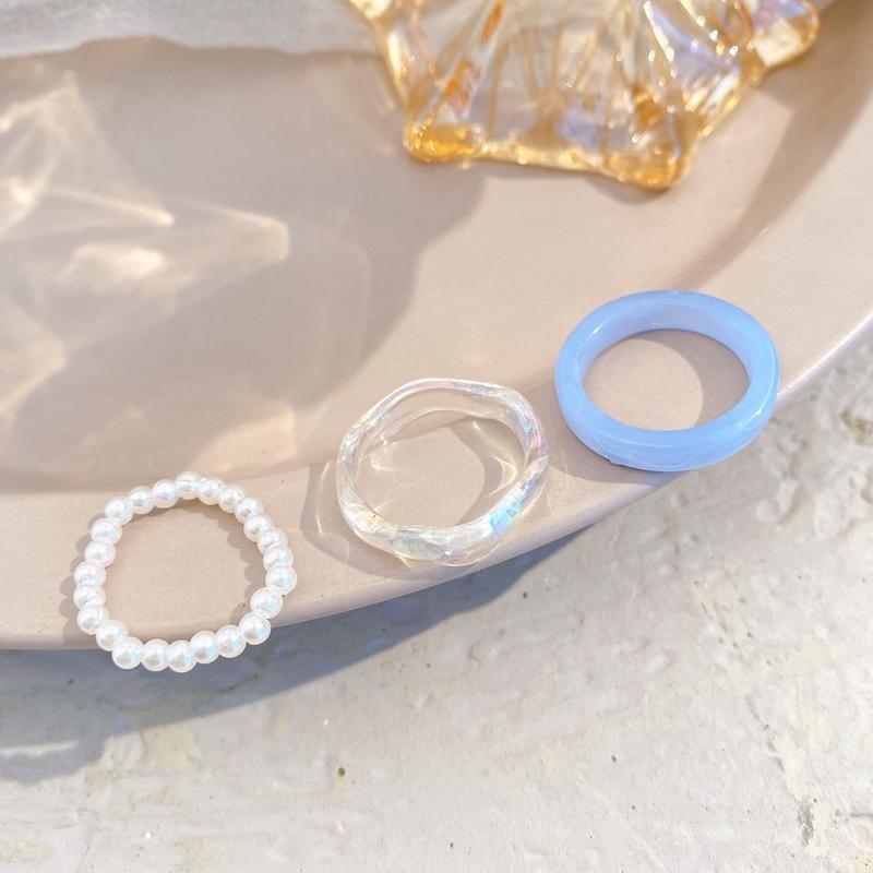 Enacolor 3Pcs/Set Fashion Resin Acrylic Circle Ring Adjust Beaded Pearl Rings for Women Girl Accessories 4