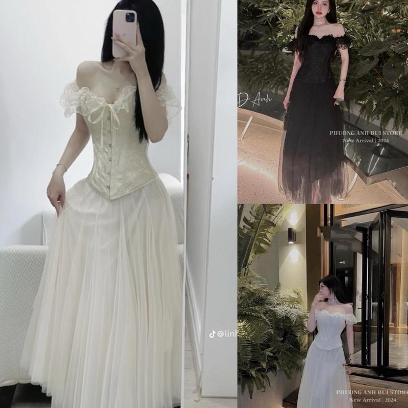 [ Có Bigsize ] Set áo corset gấm trễ vai lưới maxi dài by Tường Vy Store ( có nẹp gọng eo )