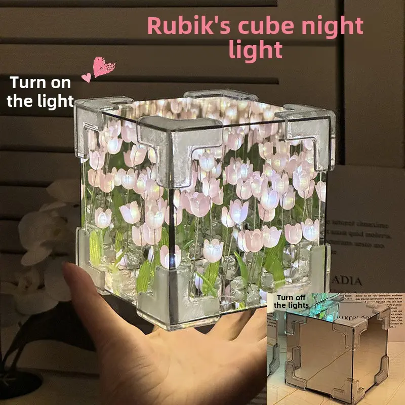 Bộ đèn ngủ tự làm, Thiết kế hoa tulip, Thủ công gương khối lập phương 3D, với hiệu ứng Vườn hoa nở, Trang trí phòng ngủ lãng mạn thủ công, Quà tặng sinh nhật sáng tạo cho bạn gái / Vợ, bao gồm đèn dây LED và lắp ráp câu đố 0