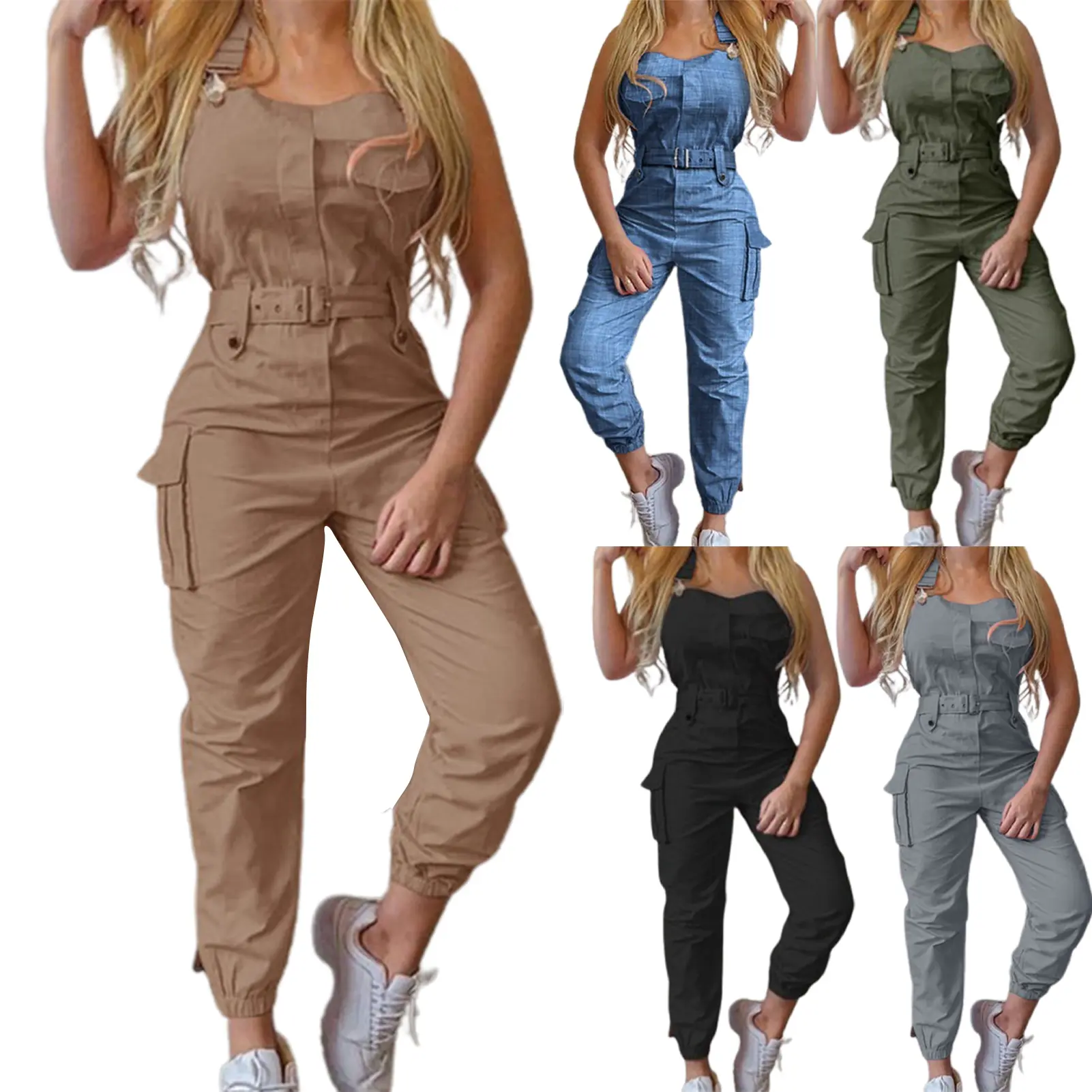 [mfttuget]Cargo Jumpsuit Ankle Tied Shoulder Strap Spring Summer Pure Color Halter Jumpsuit for Working