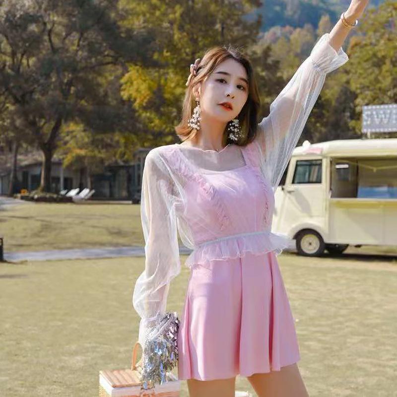 Product Introduction of Lace Swimwear Ladies Korean Swimsuit Fairy Lotus Leaf One-piece Boxer Skirt Short Sleeve Chest Pad Conservative Belly Cover Girl 7