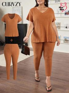 CURVZY Plus Size Autumn Aesthetic Plain Split Hem V Neck Tee & Skinny Pants Two-Piece Set, Casual Short Sleeve T-Shirt & Leggings for Daily Wear, Women's Plus Outfits