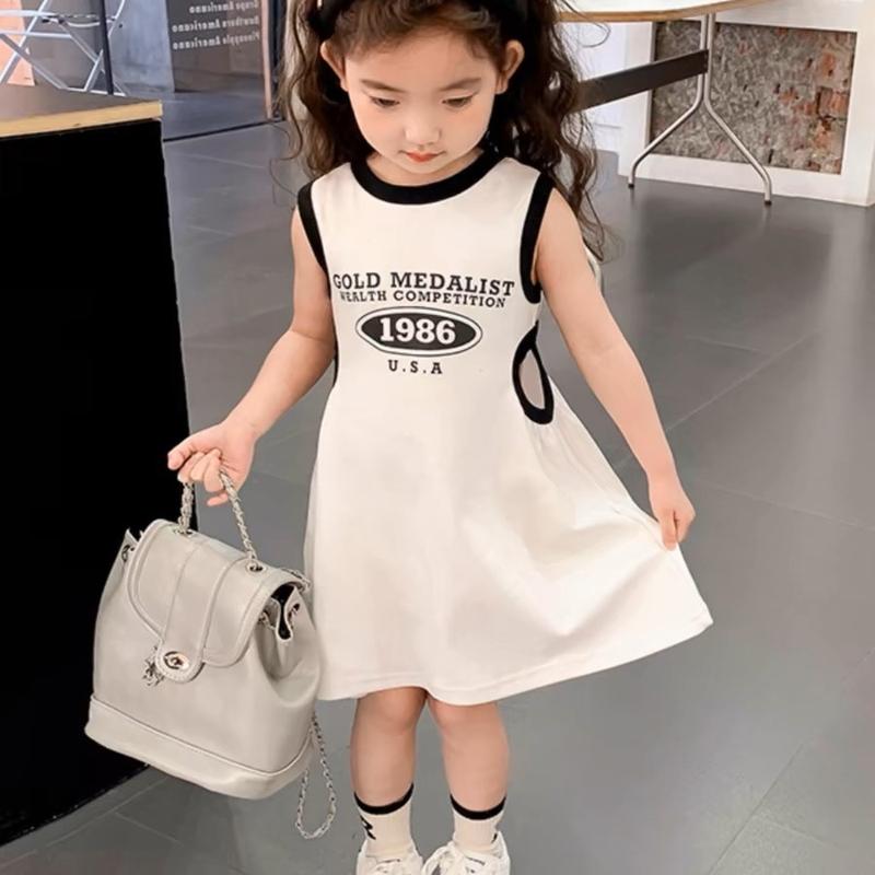 Váy ba lỗ khoét eo in chữ sành điệu cho bé gái, chất cotton, 3 màu trắng, đen, hồng, size 11-27kg 5