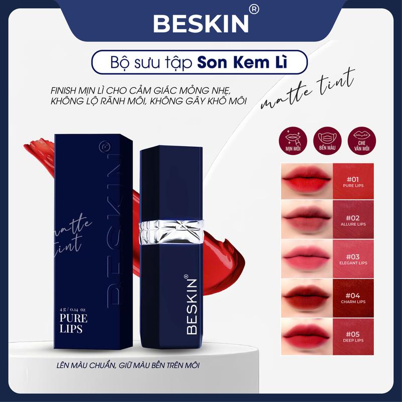 BE-01 SON KEM LÌ BESKIN "Matte Tint Beskin" - Ưu Điểm: Siêu lì Chống Dính Dưỡng Ẩm Môi Lâu Trôi Không Làm Khô Môi - Trọng Lượng: 4g - Thương Hiệu: Beskin