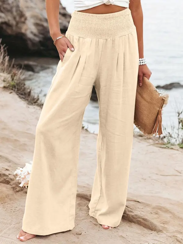 Women's Plain Pocket Shirred Wide Leg Pants, Summer Outfits 2024, Casual Comfy High Waist Straight Leg Trousers for Summer, Fashion Women's Bottoms for Daily Wear 3