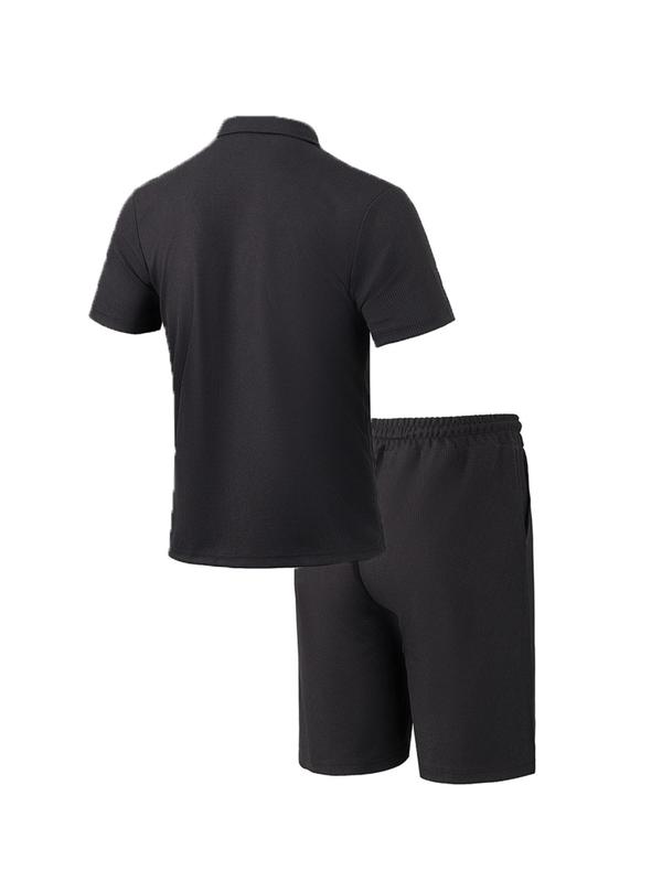 Two-Piece Set Men's Solid Color Waffle Knit Utility Shirt & Shorts, Casual Short Sleeve Collared Top & Shorts for Summer, Men's Clothes for Beach Vacation 8