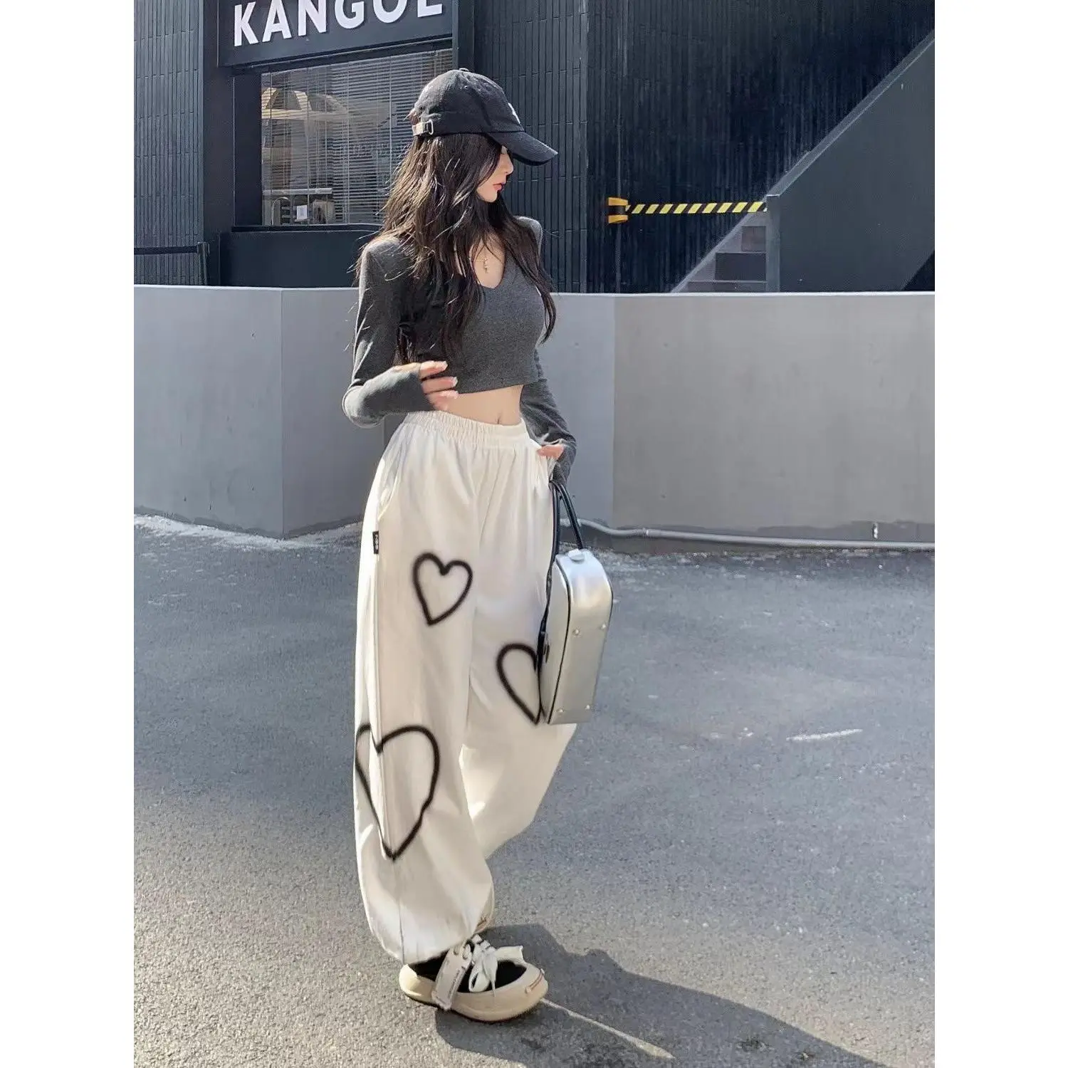 OOTD-Quần Thường Ngày In Hình Trái Tim Cho Nữ, Quần Ống Rộng Đa Năng Cho Người Thiểu Số Mới, Phong Cách Thường Ngày, Giảm Béo, Hợp Thời Trang, Xuân / Hè