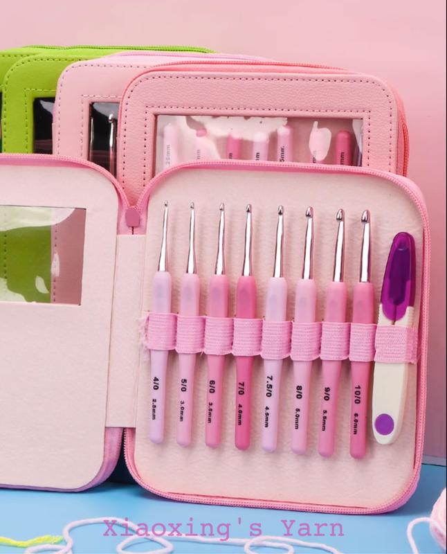 Bộ 8 cây kim móc hồng tặng kèm túi da + kéo cắt chỉ mô phỏng kim tulip size cơ bản cho người mới bắt đầu | Xiaoxingyarn