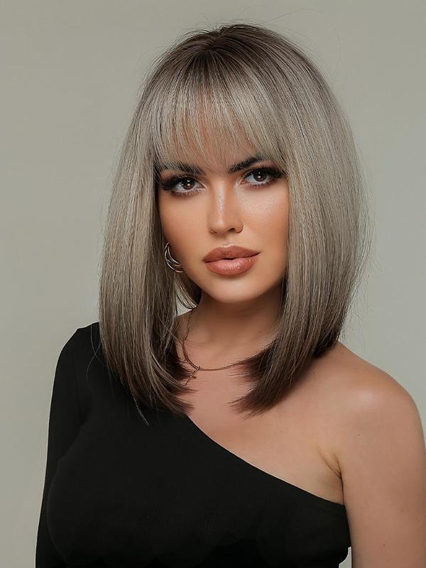 14 Inch Ombre Color Short Bob Wigs for Women, Gorgeous Fluffy Wigs with Bangs, Synthetic Straight Shoulder Length Wigs for Party, Daily Use 4