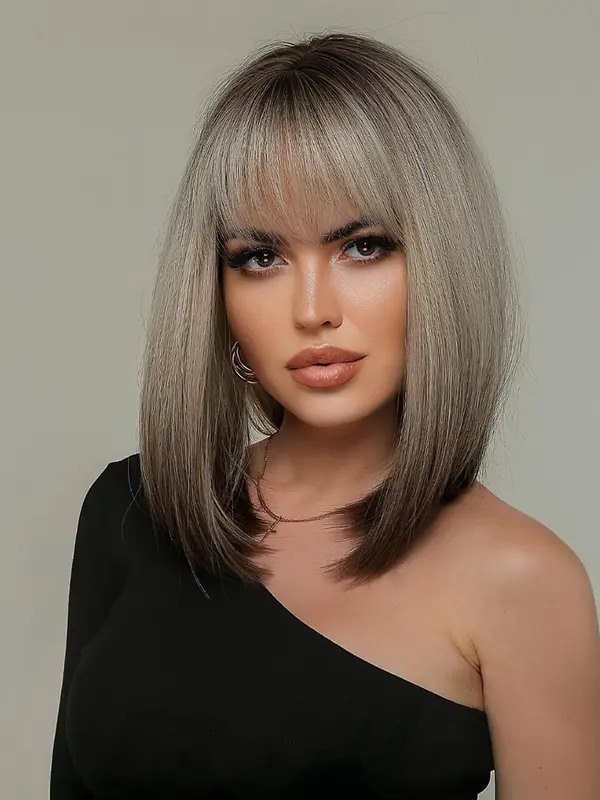14 Inch Ombre Color Short Bob Wigs for Women, Gorgeous Fluffy Wigs with Bangs, Synthetic Straight Shoulder Length Wigs for Party, Daily Use 4