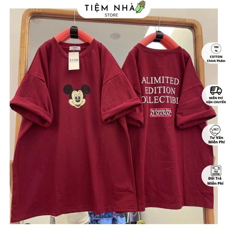 Áo thun tay lỡ cotton khô 3158 in hình 2 mặt mickey ALIMITED