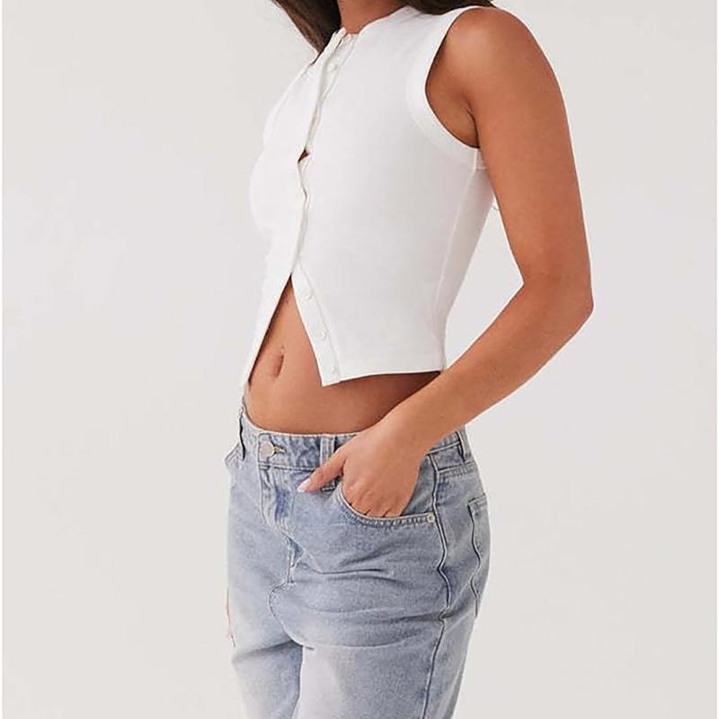 Women's Plain Button Front Ribbed Crop Tank Top, Casual Sleeveless Round Neck Top for Daily Wear, Ladies Clothes for All Seasons, Women's Tops tilly part tube 2