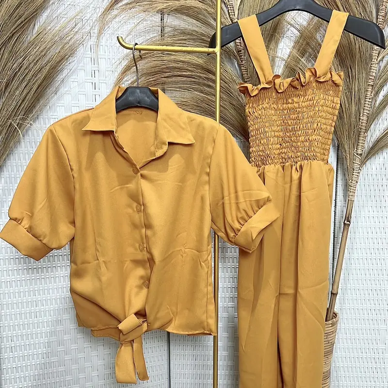 2SISTERS/ JAMSUIT CHERLY 2IN1/ PAKAIANwanita/FASHIONwanita Polos Polos kancing karet Wanita Setelan 2