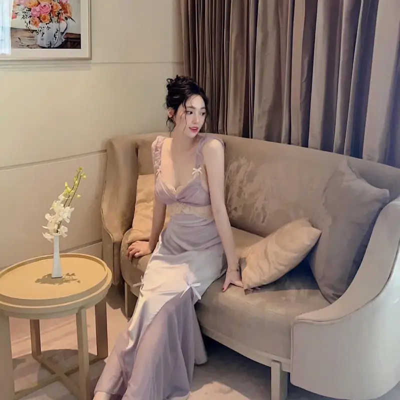 V18. Váy Ngủ Lụa Cánh Tiên Dáng Dài - Váy Lụa Tiểu Thư Mặc Nhà Nữ Nhung 8