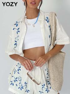 Two-piece Set YOZY Women's Plants Embroidery Short Sleeve Shirt & Drawstring Waist Shorts, Casual Collared Button Top & Shorts for Summer, Ladies Clothes for Vacation Holiday, Womenswear