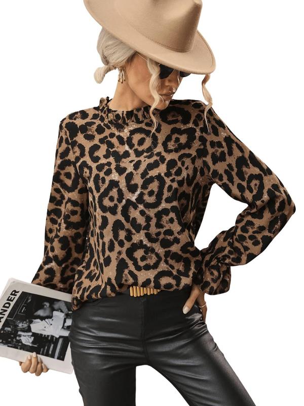 Women's Leopard Print Mock Neck Blouse, Elegant Long Sleeve Top for Spring & Fall, Women's Clothing for Daily Wear 3