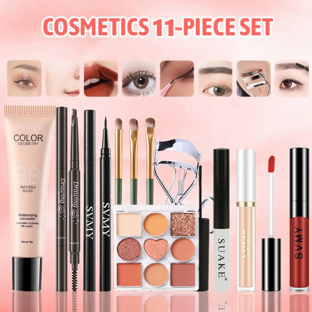 Bộ Kết Hợp Trang Điểm Làm Đẹp, 11 Chiếc, SVMY Bao Gồm Phấn Mắt, Kem BB, Son Kem, Kem Che Khuyết Điểm Dạng Lỏng, Lông Mày Berbeini, Bút Chì Kẻ Mắt, Phấn Mắt SVMY, Kẹp Lông Mi, 3 Bộ Cọ