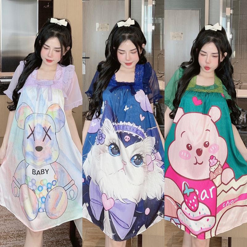 Đầm ngủ lụa xước mềm mịn thiết kế mới dể thương đồ bộ nữ mặc nhà thoải mái pijama nữ lụa mịn mát size dưới 60kg đầm lụa phối voan váy ngủ tiểu thư váy lụa