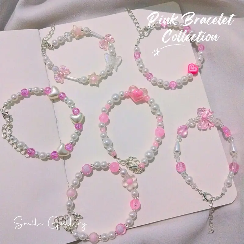 Aesthetic Pink Bracelet / Beads Bracelet Pink Series / Gelang Aesthetic Korean Style / Beads Bracelet / Gelang Couple / Gelang Manik-Manik / Gelang Aesthetic Warna Pink Bentuk Pita Bunga Kupi-Kupu Butterfly Perempuan 1