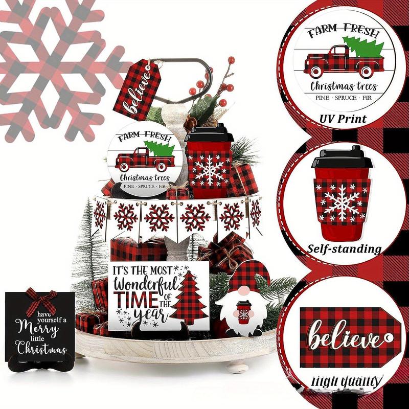 Product Introduction of Christmas Themed Tiered Tray Decoration, Wooden Sign with Banner & Gift Box & Truck & Gnome Doll, Desktop Decoration for Home Party Festival, Ornaments 4