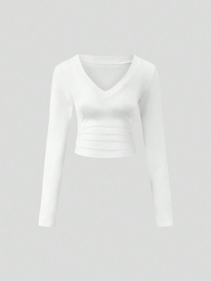 Product Introduction of Women's Solid Ruched V Neck Tee, Elegant Fashion Casual Long Sleeve T-shirt for Daily Outdoor Wear, Women Clothing for Fall & Winter 14