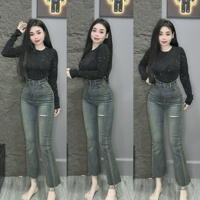 (Diễm bella shop)Quần Jean Bass Lở Lưng Siêu Cao Rách Nhẹ 1 Đường (90cm) cắt lai 1