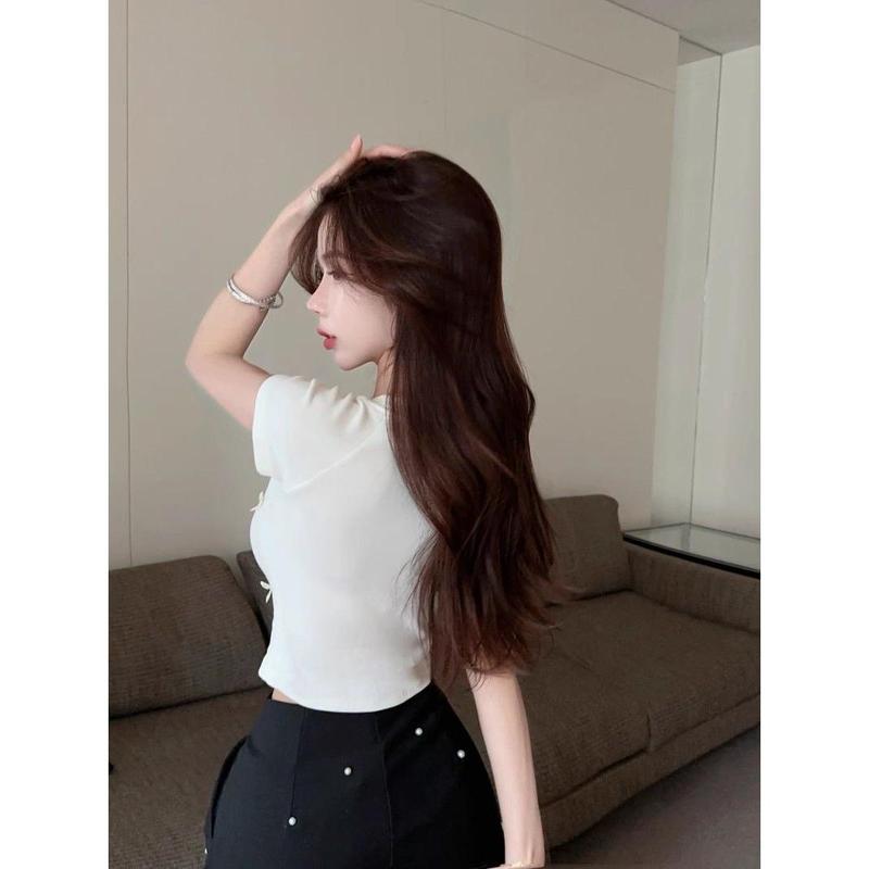 Áo Thun Ngắn Tay, Thêu Nơ, Phong Cách Ngọt Ngào Trẻ Trung, Dành Cho Nữ, Cỡ Nhỏ, Màu Trơn Áo Bó Sát Ngắn Cô Gái Nóng Bỏng Top Women Cổ Tròn 5