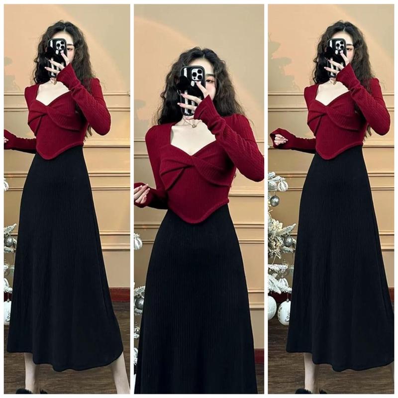 Set chân váy xòe dáng dài mix áo kiểu xoắn ngực hình nơ tay dài loe vạt bầu chất thun tăm thái OGL Nữ Women Top Tay Loe