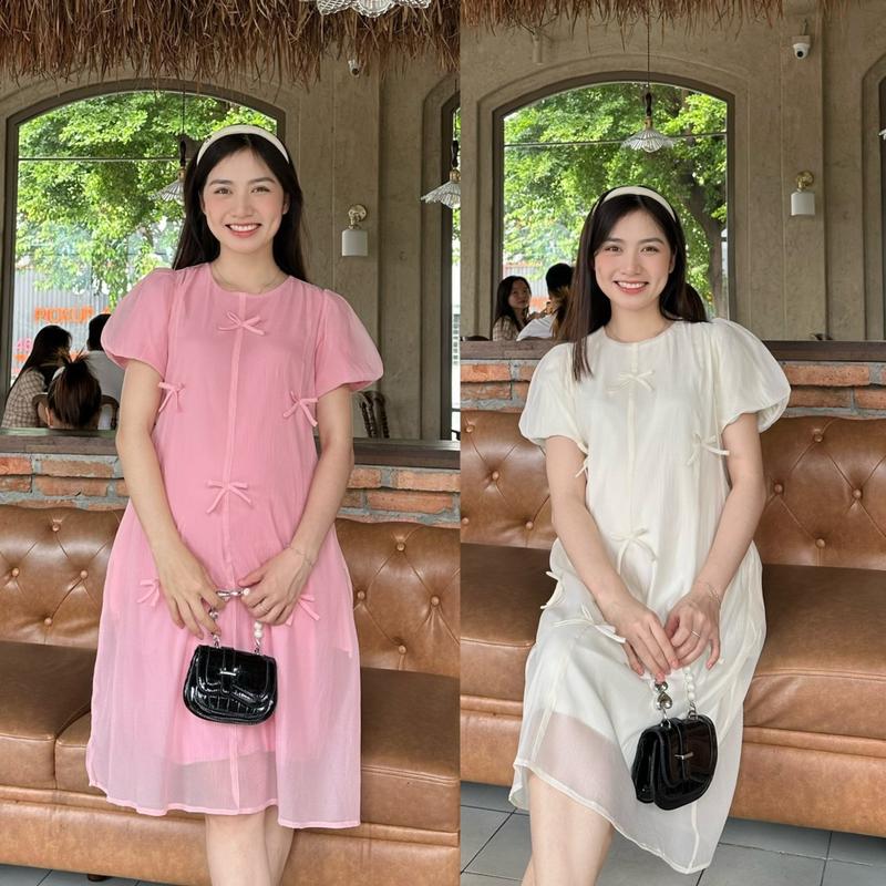 Đầm bầu tơ form suông đính nơ dễ thương trẻ trung