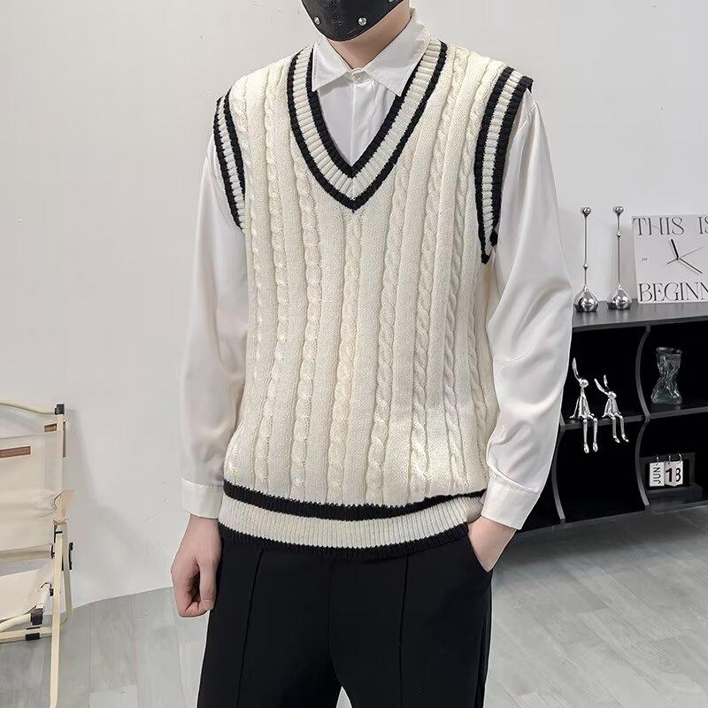 Áo Vest Dệt Kim, Cổ Chữ V, Dành Cho Nam Và Nữ, Thời Trang, Phong Cách Preppy Mỹ, Cổ Điển Tương Phản, Áo Len Không Tay Thường Ngày Thích Hợp Cho Mùa Thu Và Mùa Đông, Dáng Rộng Hợp Xu hướng, Quần Áo Nam
