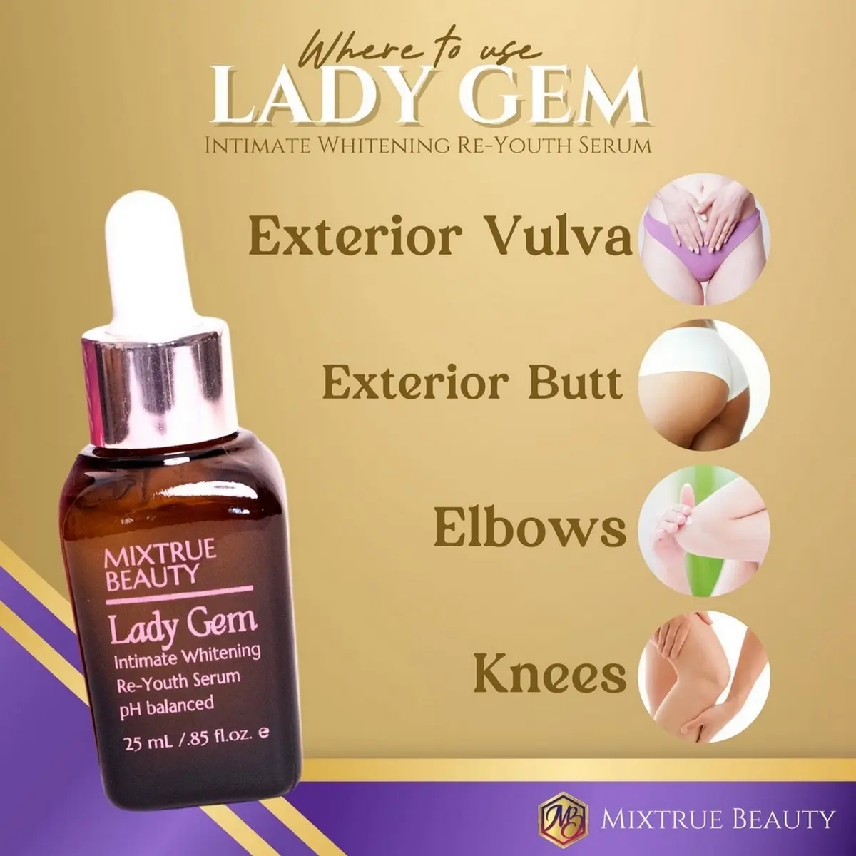 Lady Gem Intimate Whitening Premium Serum (15ml or 25ml) by Mixtrue Beauty; Lightening Your Dark Bikini Area, Inner Thighs, Exterior Vulva, Exterior Butt, Elbows and Knees; Maintaining Smooth Texture of Intimate Area; With Niacinamide, THC, & PHA