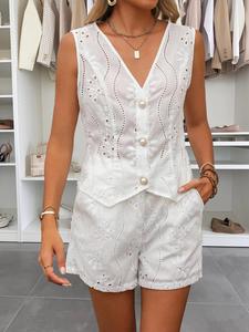 Women's Solid Color Hollow Out Sleeveless Top & Shorts Two-piece Set, Casual Fashion Cozy Breathable Two-piece Set for Daily Outdoor Wear, Ladies Clothes for Summer, Suits, Womenswear