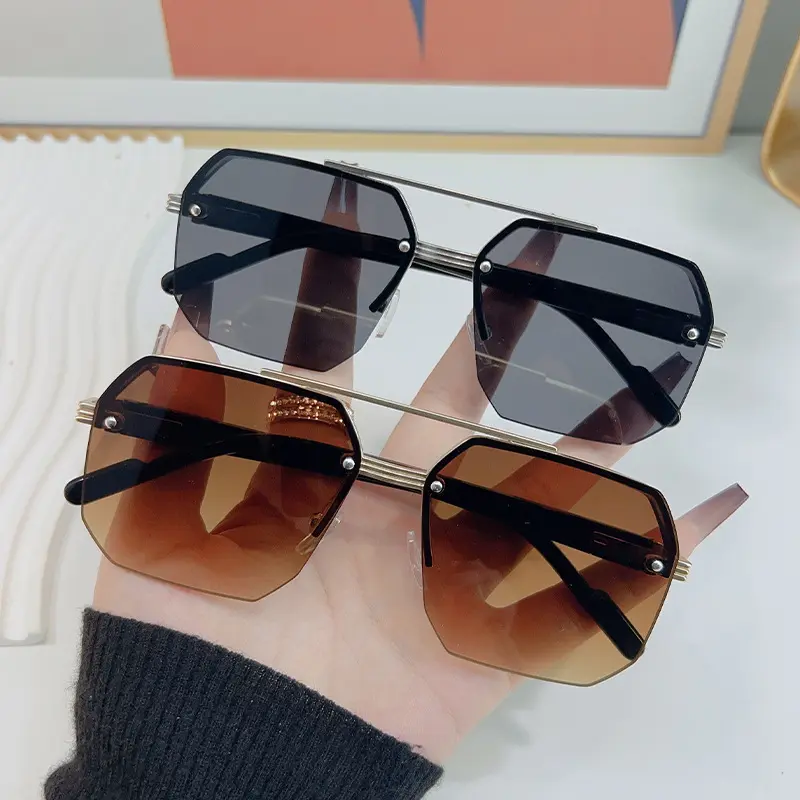New Large Square Sunglasses for Women, European and American Trendy Fashion Double Bridge Sunglasses for Men, Half Frame Sunglasses