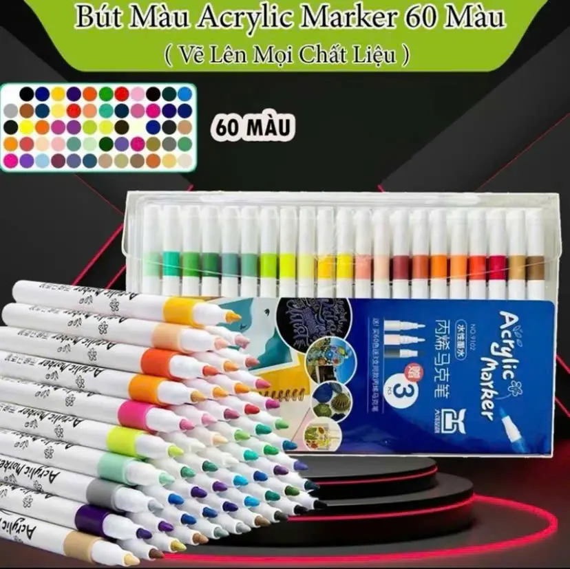 Bút màu acrylic marker 60 màu vẽ sơn chống nước bộ cọ vẽ trên mọi chất liệu bề mặt