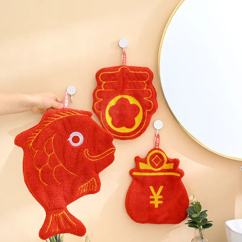 Red Hand Towel with "Fu" Character & Wealth Pattern - Super Soft Coral Fleece, Highly Absorbent, Quick Dry, Eco-friendly, No Fluorescent Agent - Perfect for Chinese New Year, Holiday & Everyday Use