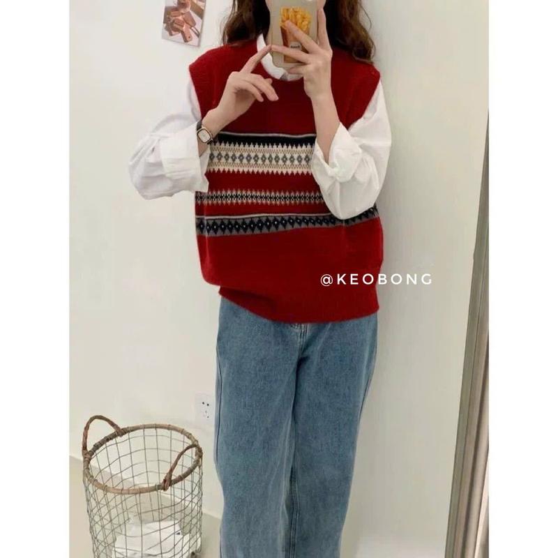 (Chất đẹp) ÁO GILE LEN CỔ TRÒN THỔ CẨM PHONG CÁCH VINTAGE, ÁO GHILE LEN NỮ HOẠ TIẾT THỔ CẨM CHẤT LEN CỰC ĐẸP GL19 áo  gile