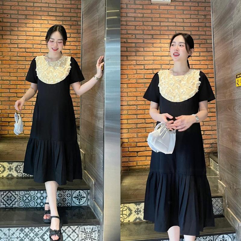 Đầm bầu dáng dài lụa mềm đuôi cá xếp ly đính tơ hoa xinh sang nhẹ nhàng Nữ Kem Women Dress Đen