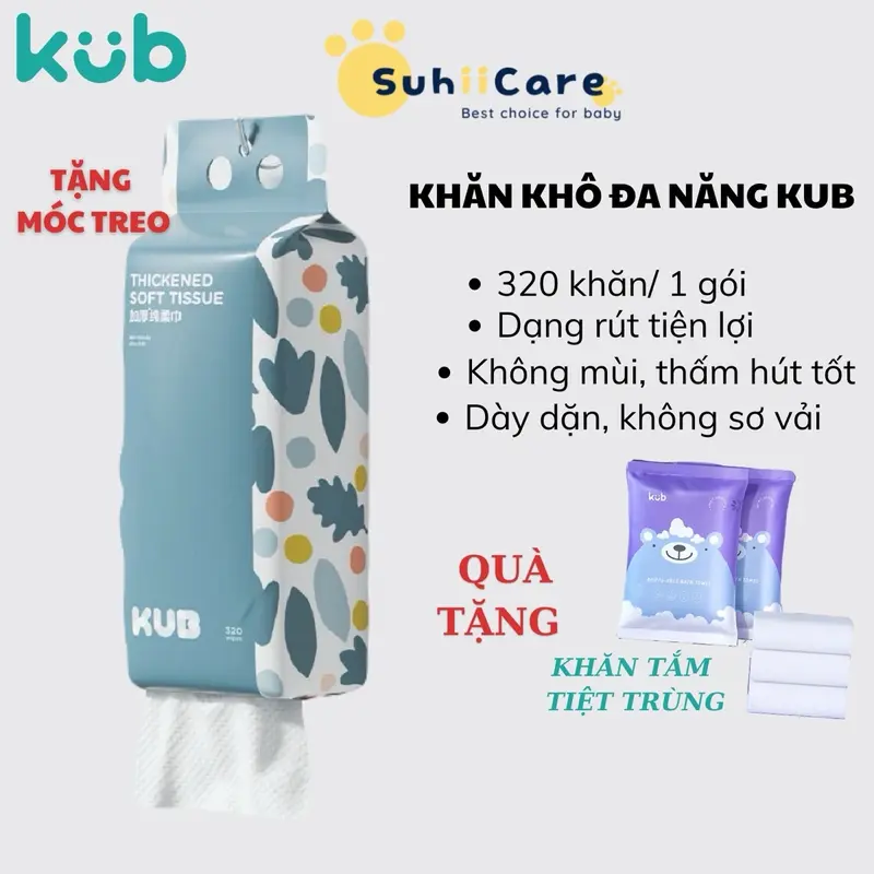 ￼Khăn mặt khô cao cấp KUB, giấy lau đa năng dùng 1 lần có thể tái sử dụng - Gói 320 khăn tặng kèm móc treo 0