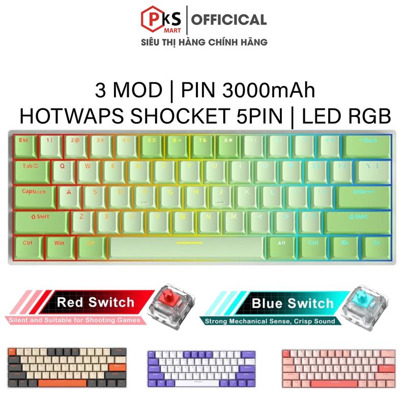 PKSMART - HW61 - Bàn Phím Cơ Có Dây Và Không Dây - LED RGB Đổi Màu App Chỉnh - 3 Mod Kết Nối USB 2.4G BLUETOOTH - Hotwaps Shocket 5 Pin - Keycaps PBT Nhiều Chủ Đề - Anti Ghosting Full  - Lót Bông Eva 2 Tầng Gảm Tạp Âm - Blue, Red Switch