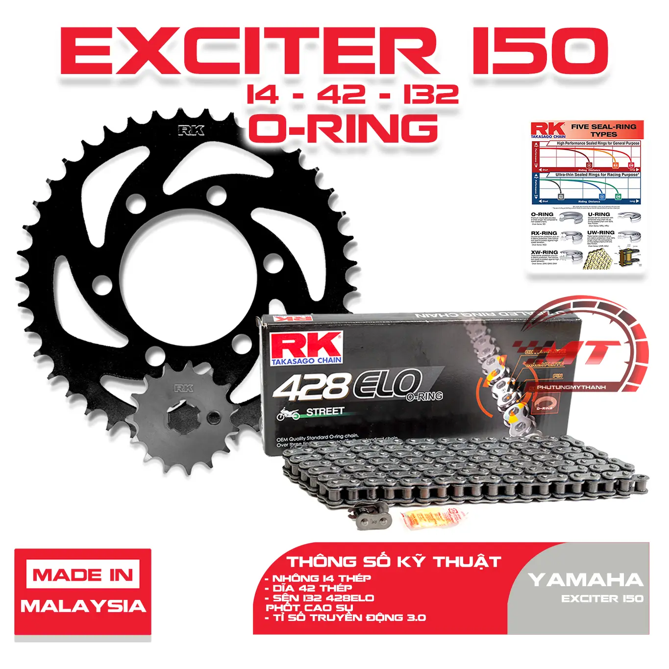 Nhông sên dĩa Exciter 150 14T 42T sên RK phốt cao su O-ring - Chính hãng Phụ Tùng