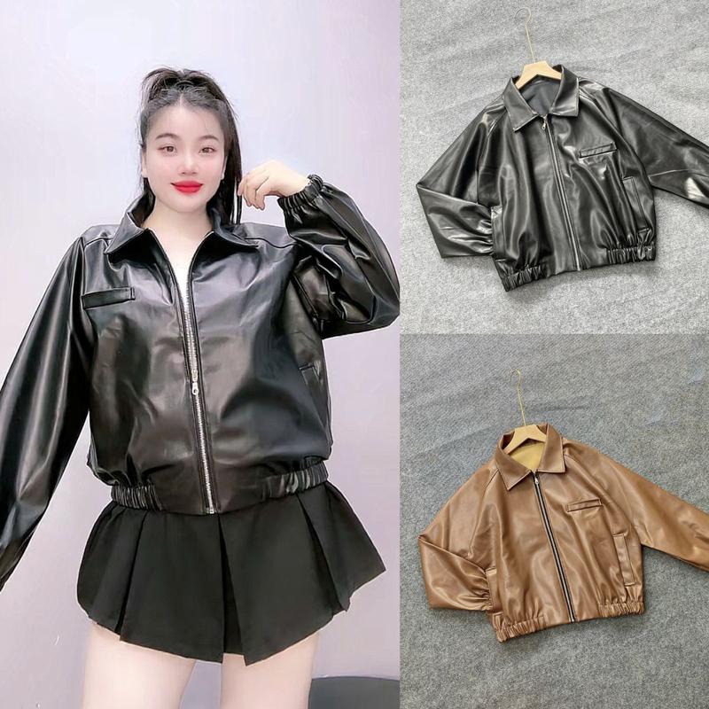 Áo Khoác Da Bigsize Cổ Bẻ Tay Dài Bo Gấu Dáng Ngắn Bomber Basic Cổ Điển 50-95kg  KHOAC11 Nữ Top Women